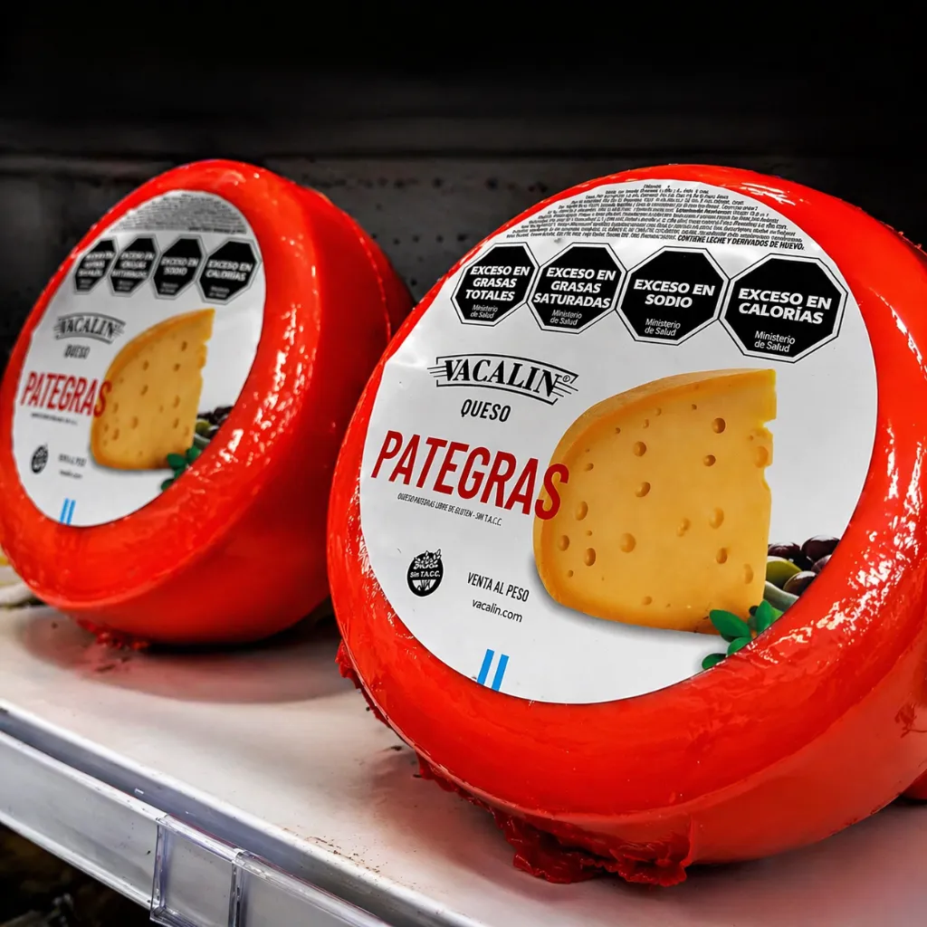 Ruedas de queso en estante refrigerado.webp